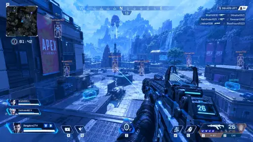 APEX HACK ESP with aimbot snapline tracking enemies across a canyon