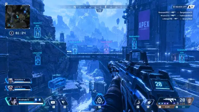 APEX HACK player ESP boxes and loot tags in an Apex Legends canyon fight